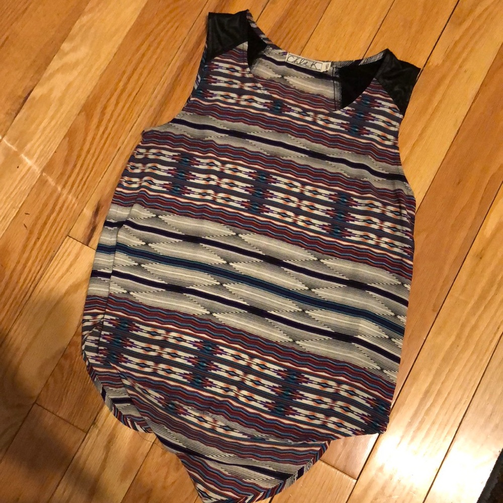Aztec Print Tank Top- Faux Leather Shoulders